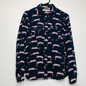 Cheetah Pattern Button Down Cuffed Blouse w Collar